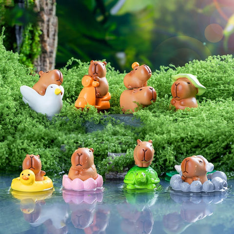 Exasinine tiny crocodiles with capybaras create a lively moss landscape scene.