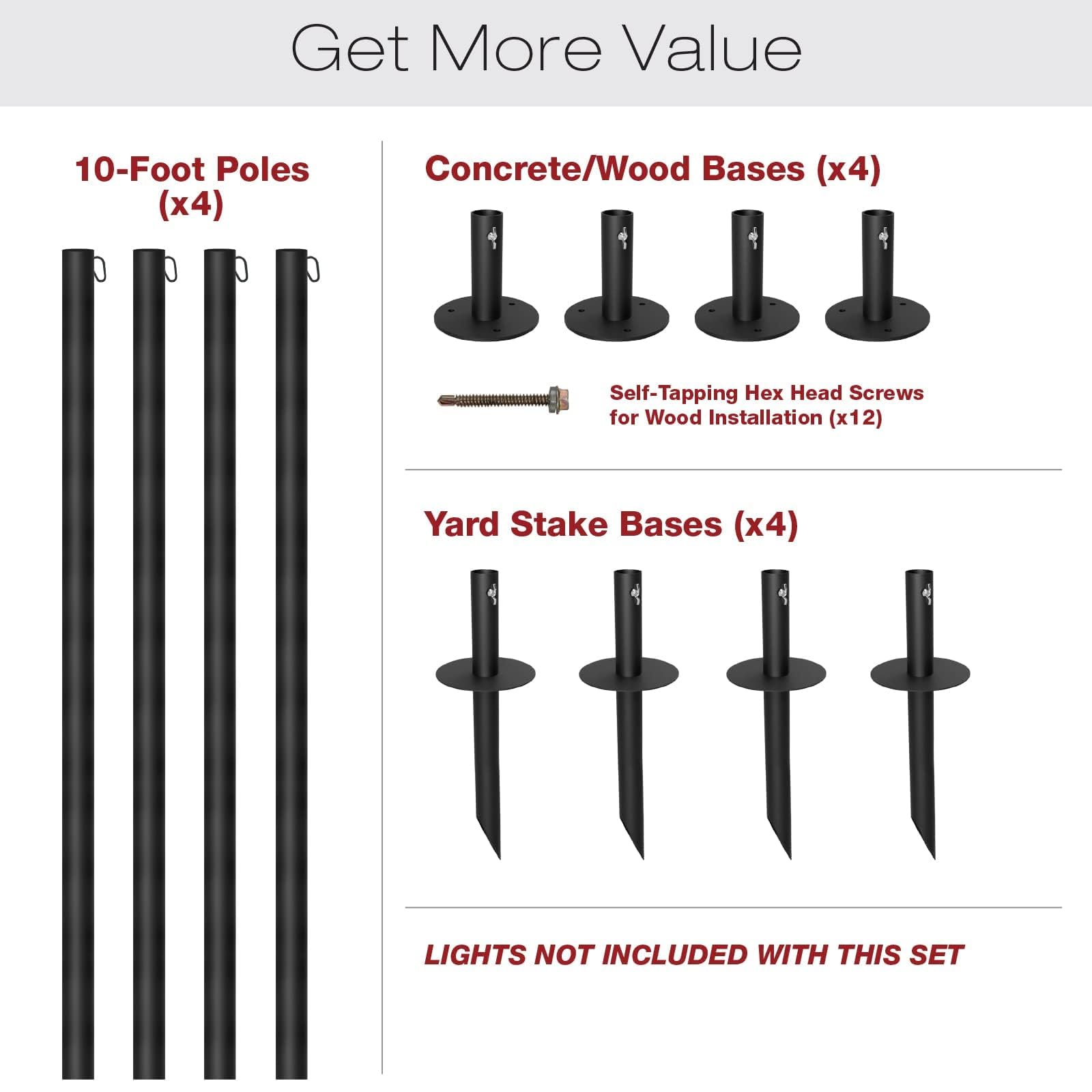 EXCELLO Bistro Poles black powder-coat finish delivers a professional outdoor look.