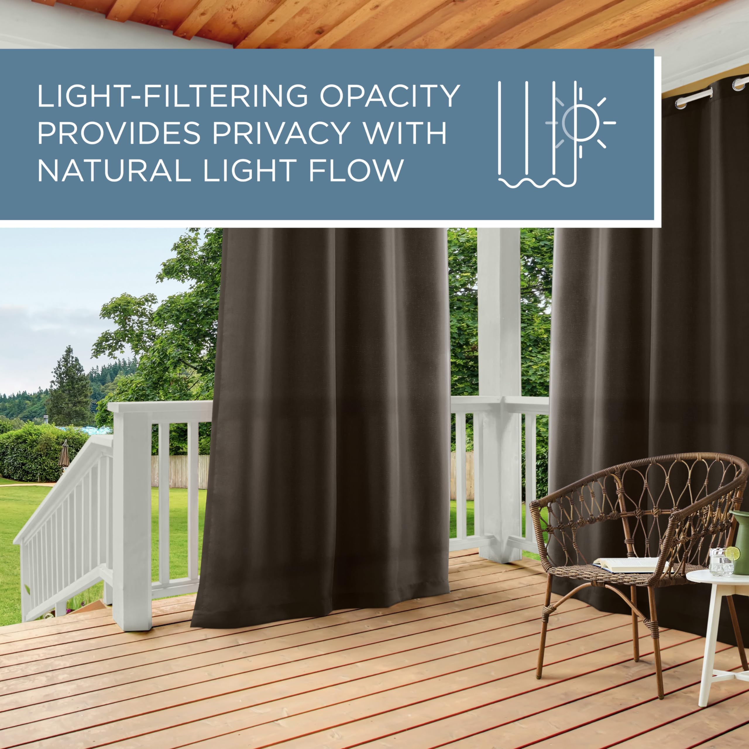 Window view highlighting light-filtering opacity of Exclusive Home Cabana curtains
