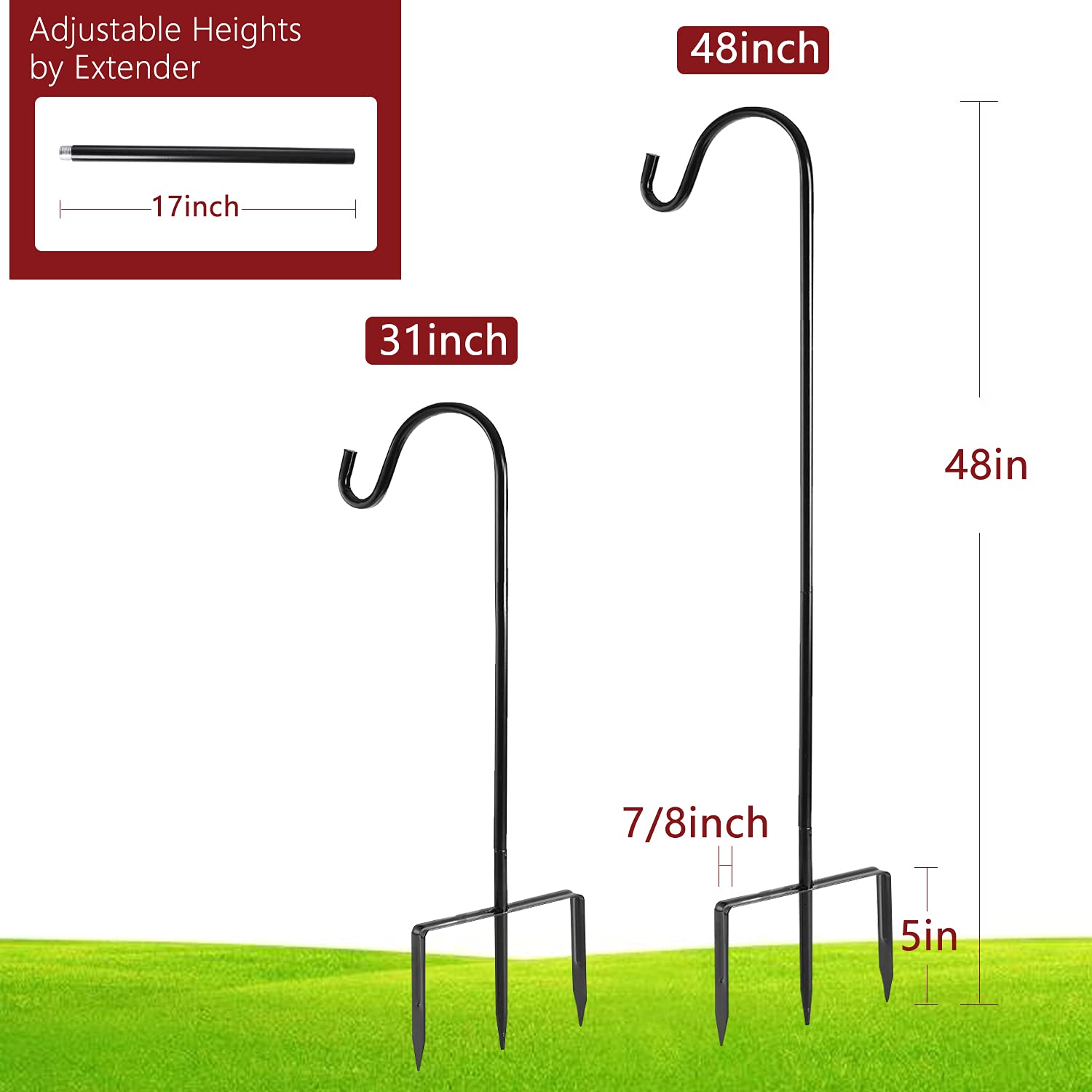 EXCMARK shepherd hook ground stake secures sturdy outdoor displays in soil.