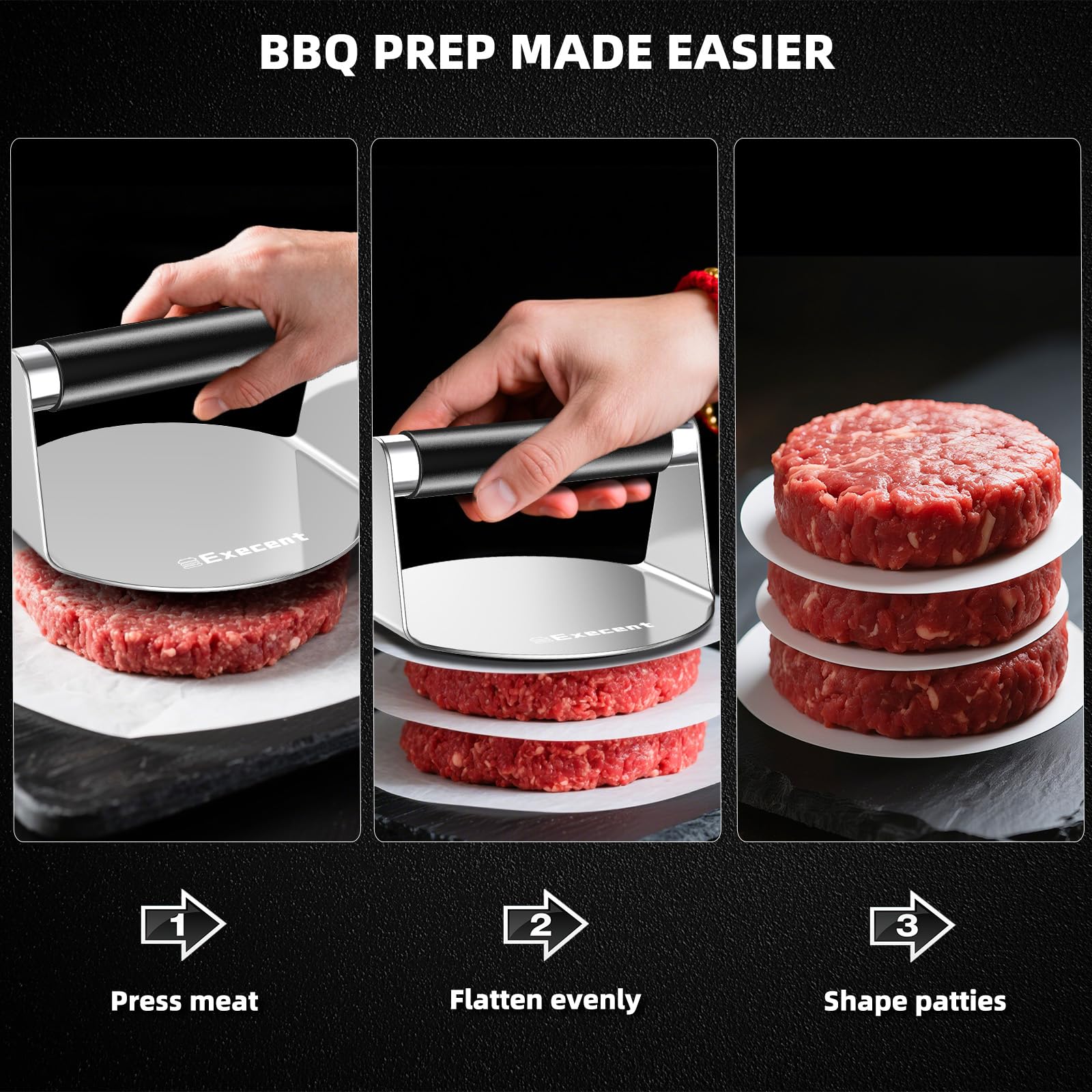 Execent Smash Burger Press cool-touch handle stays comfortable during greasy cooking