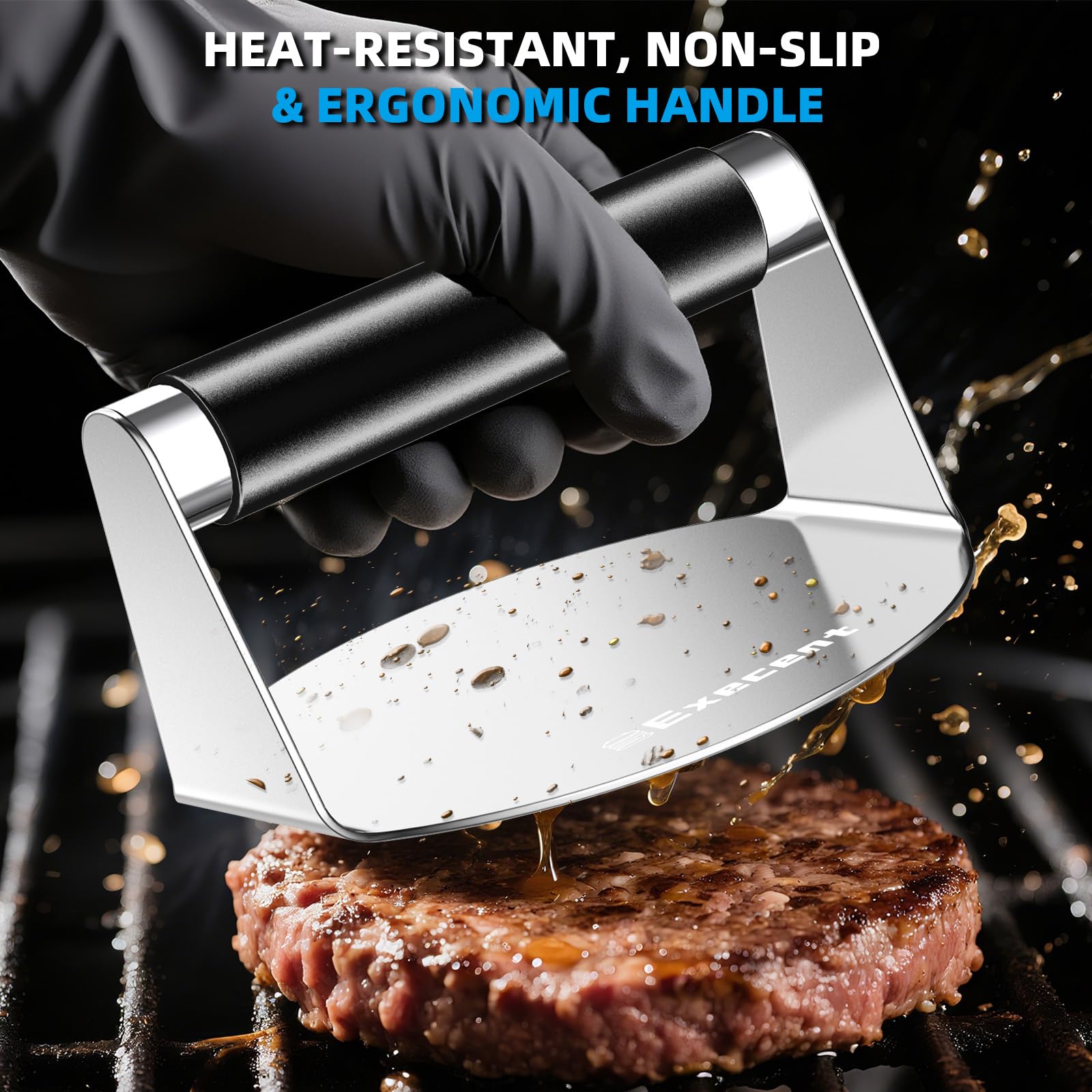 Execent Smash Burger Press flat surface ensures uniform patty thickness and browning
