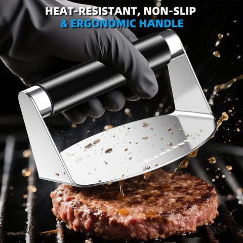 Execent Smash Burger Press flat surface ensures uniform patty thickness and browning