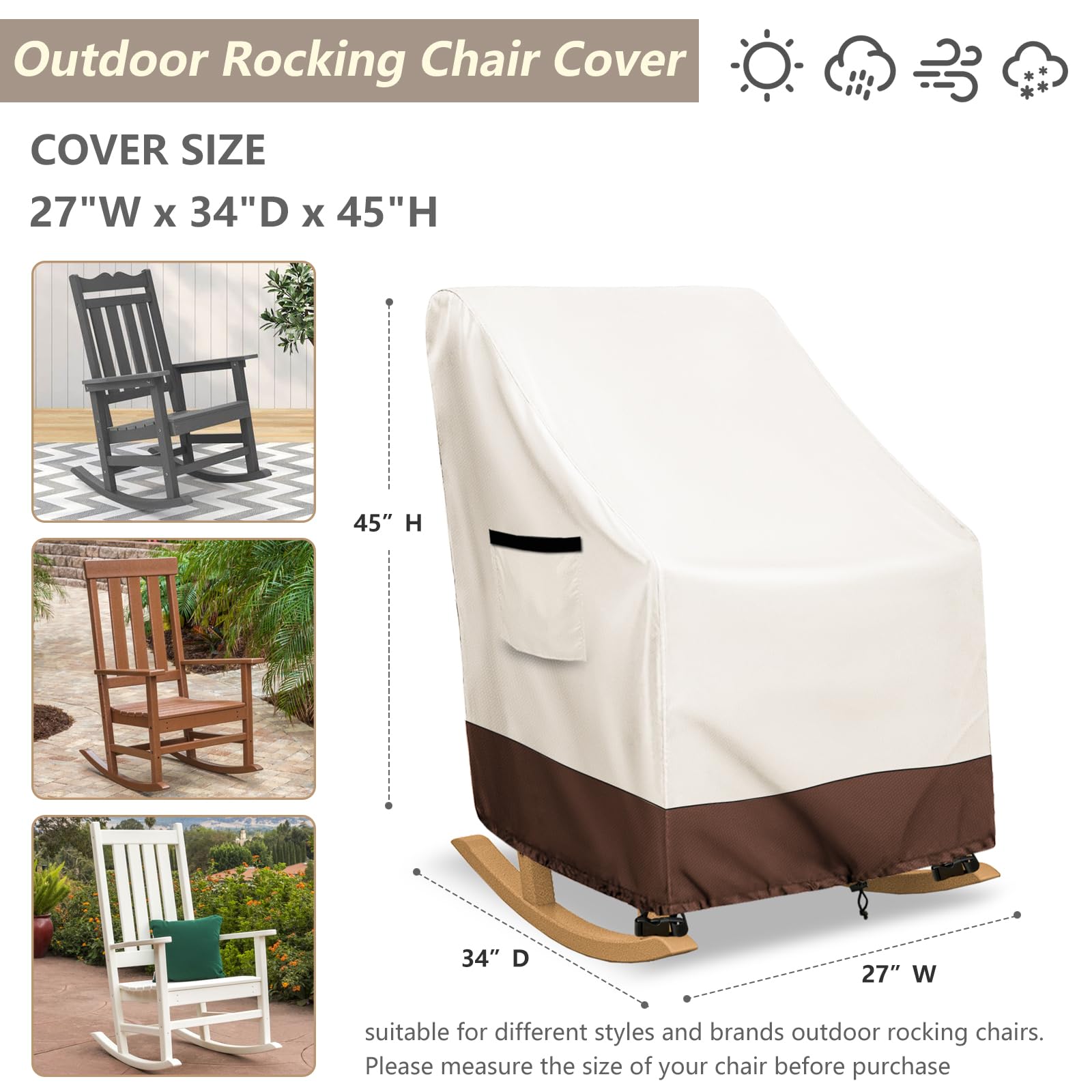 Exokugo rocking chair cover side view highlights weatherproof durability for outdoors.