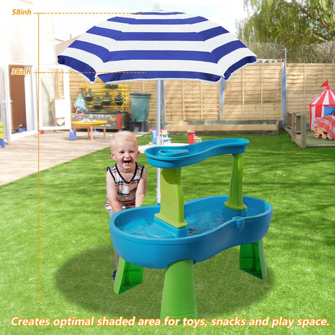 Exokugo umbrella over a water table providing shade for toys
