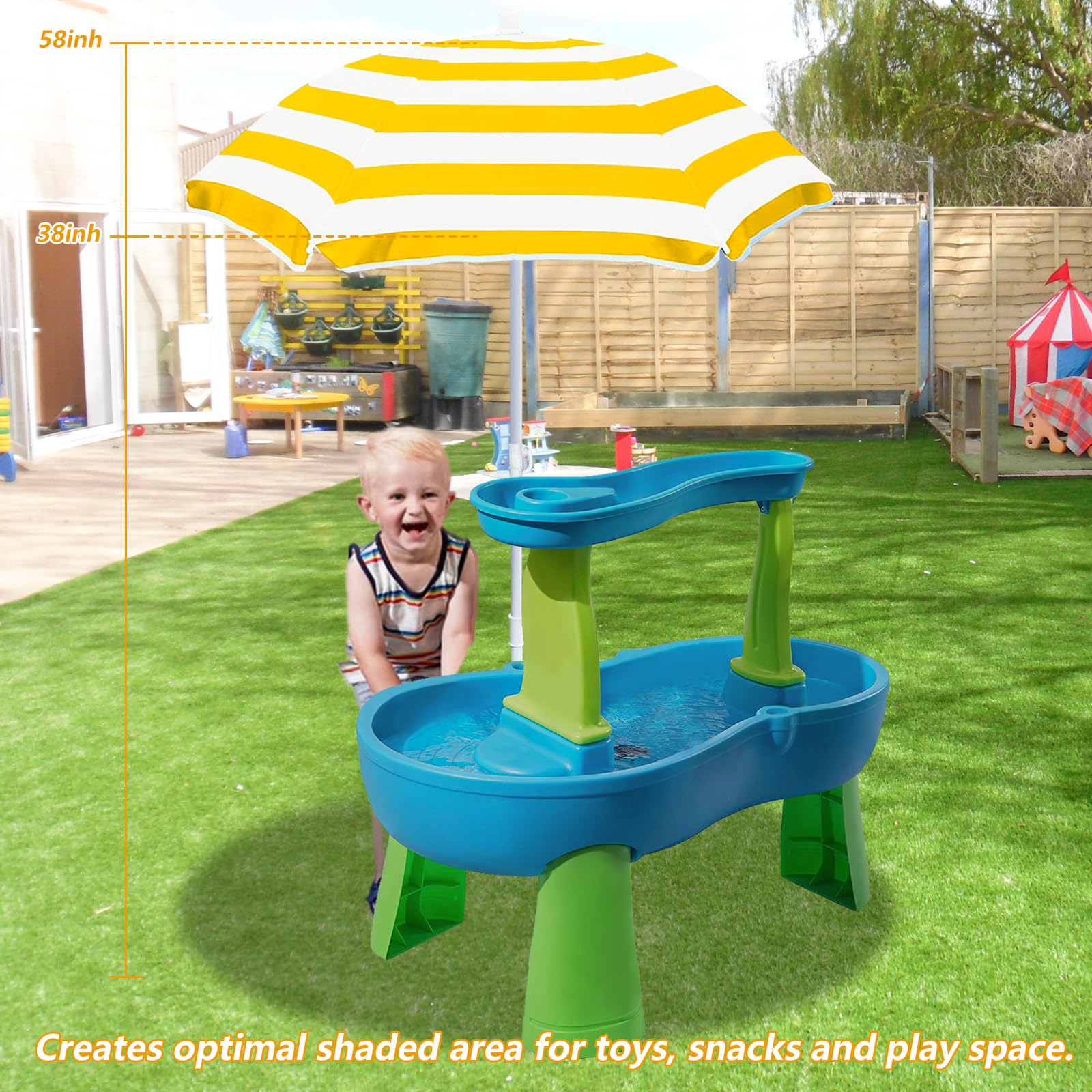 Exokugo umbrella supports adjustable height from 38 to 58 inches.