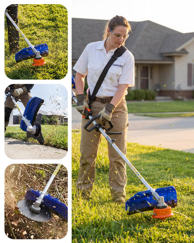 ExploreHorizon weed wacker in action demonstrates efficient cutting along fences and edges