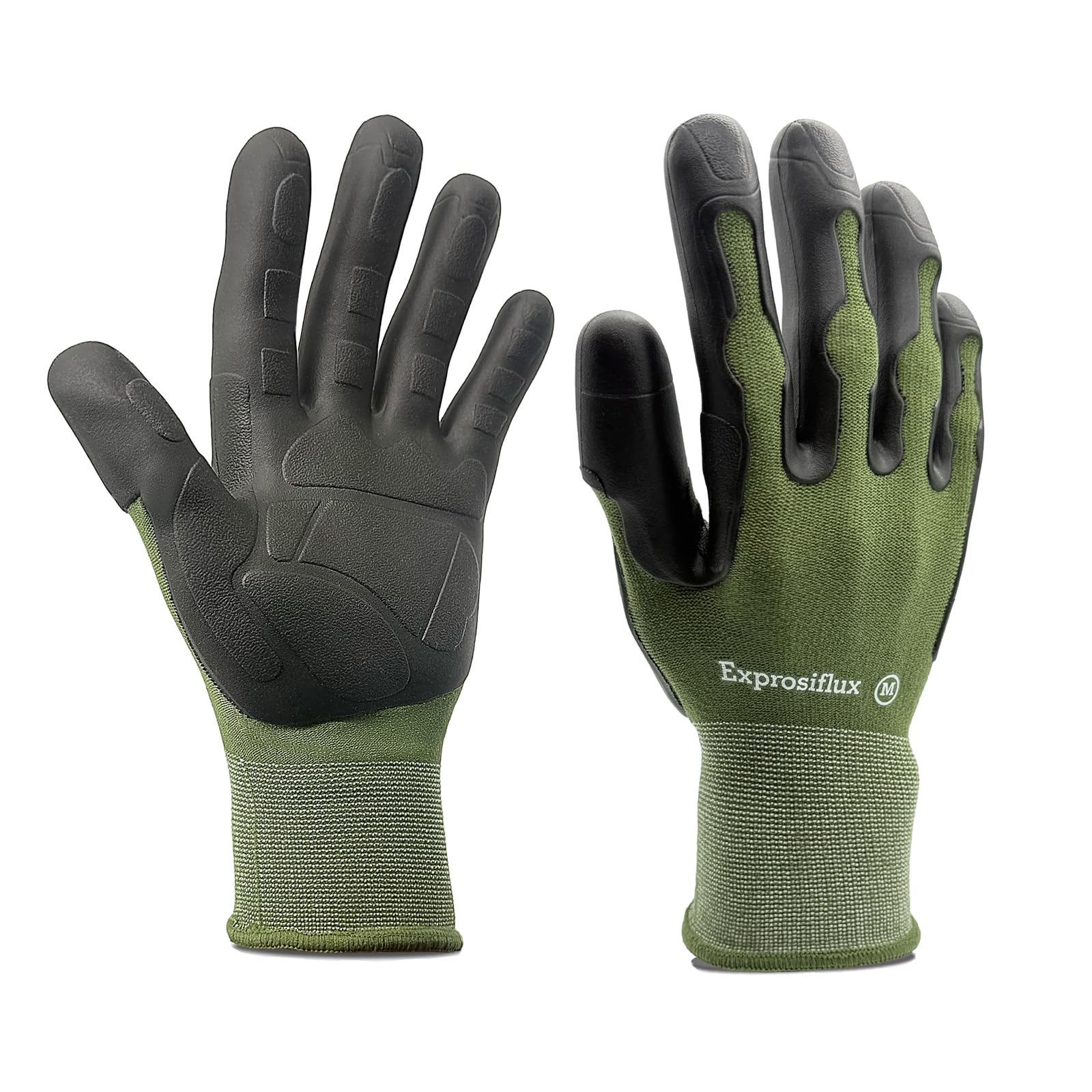 Exprosiflux gloves in olive green highlight the protective TPE-coated palm.