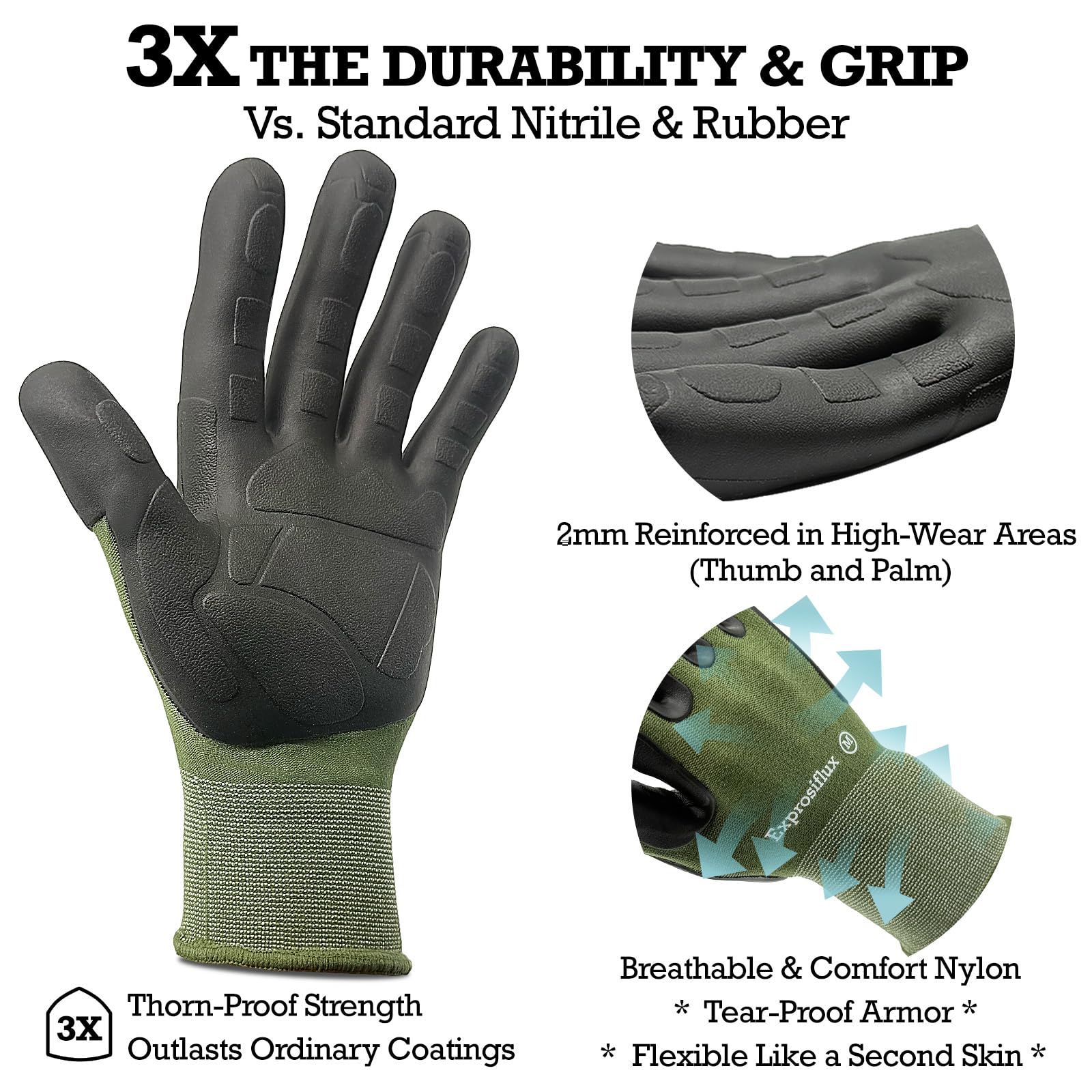 Exprosiflux textured-palm grip enhances control on wet tools and pots.