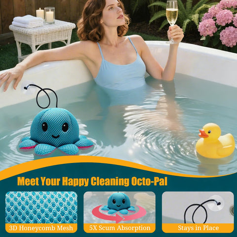 Exqusdy floating spa sponge in use during a soak keeps water clear