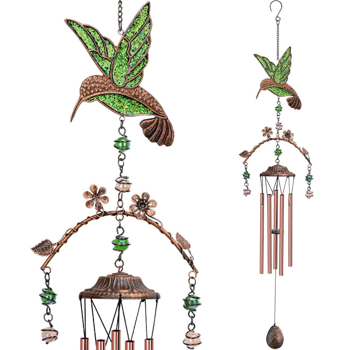Exrisiry green hummingbird wind chime top enhances outdoor curb appeal.