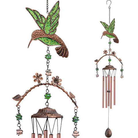 Exrisiry green hummingbird wind chime top enhances outdoor curb appeal.