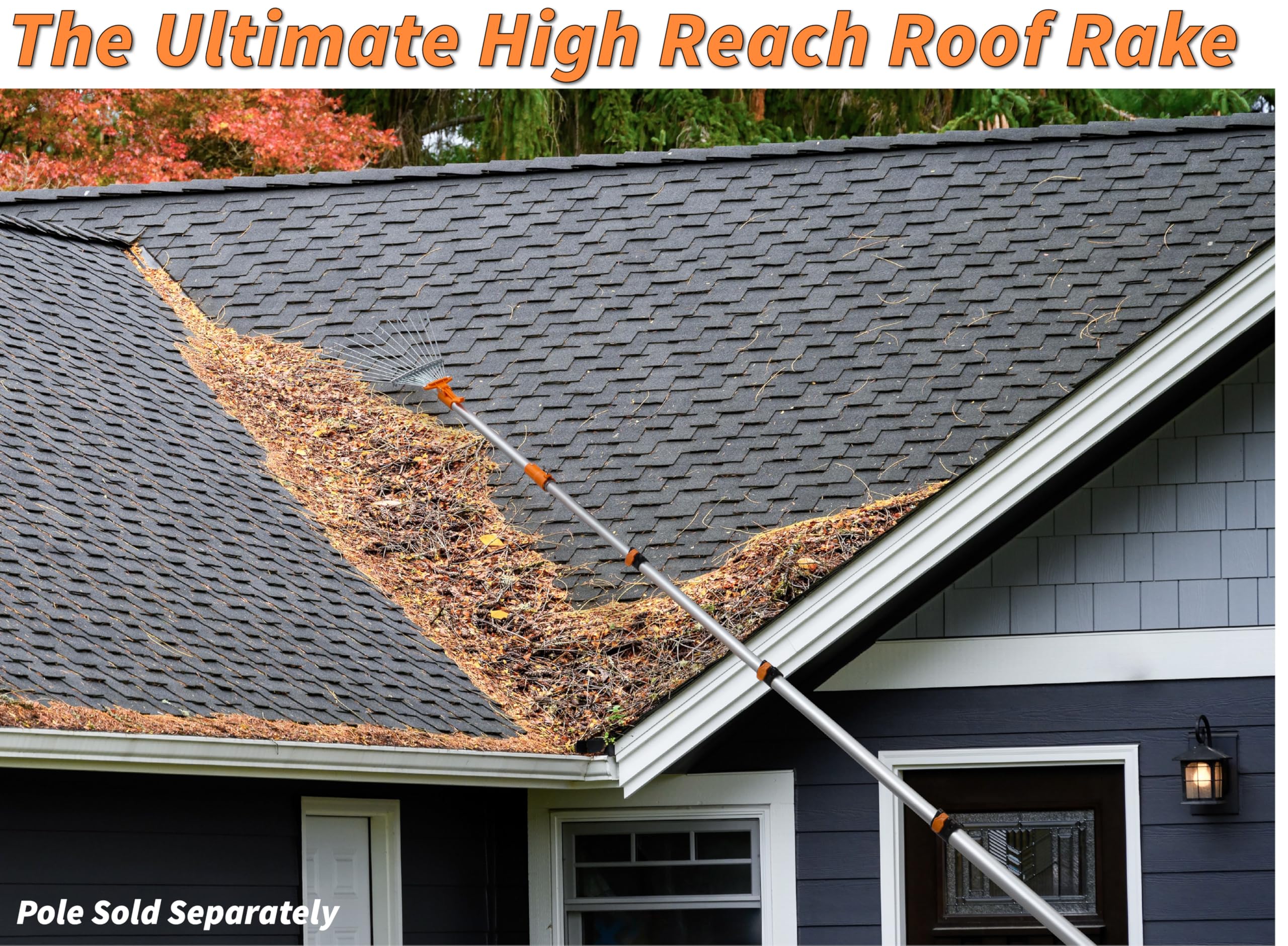 EXTEND-A-REACH rake in action on a roof handling pine needles.