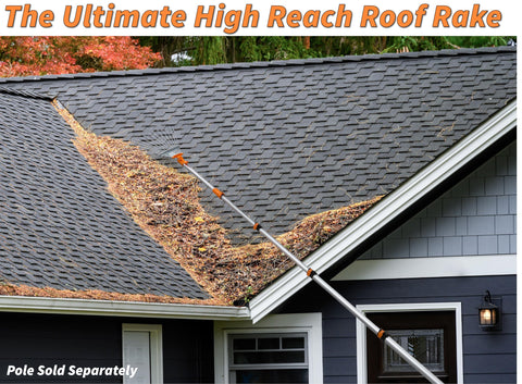 EXTEND-A-REACH rake in action on a roof handling pine needles.