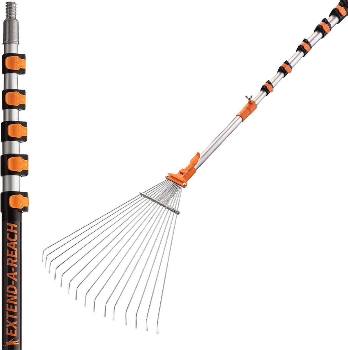 Extend-A-Reach roof rake fully extended reaching gutters from ground.