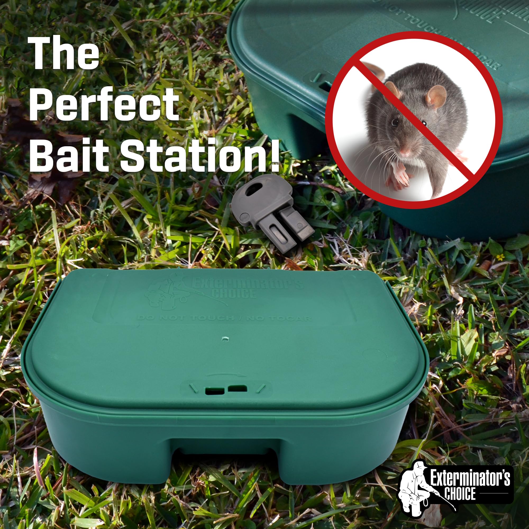 Exterminators Choice bait station with included key for secure outdoor pest management.