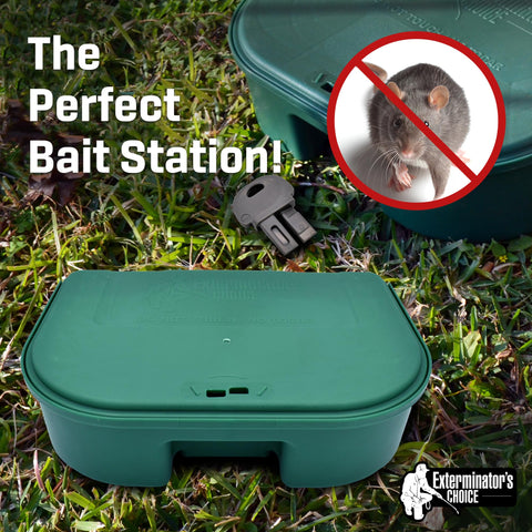 Exterminators Choice bait station with included key for secure outdoor pest management.