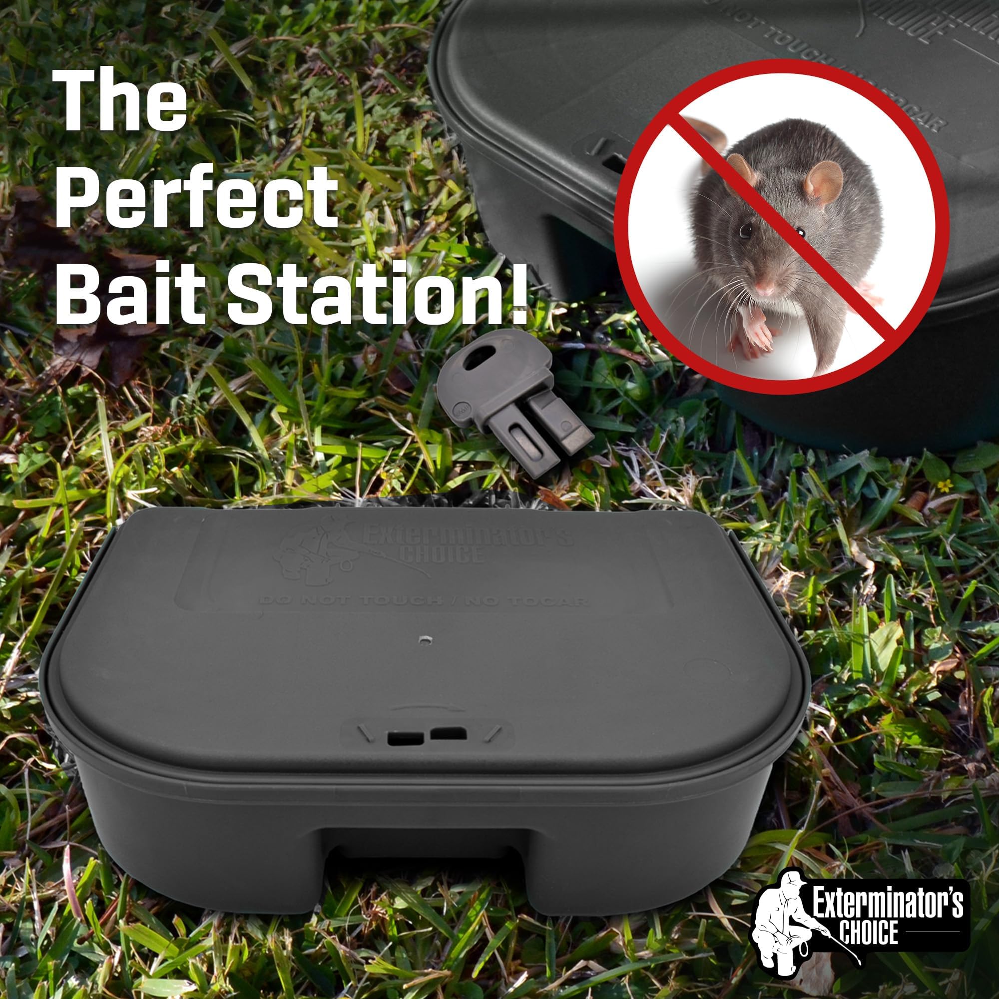 Locking lid with included key on Exterminators Choice bait station for secure access.