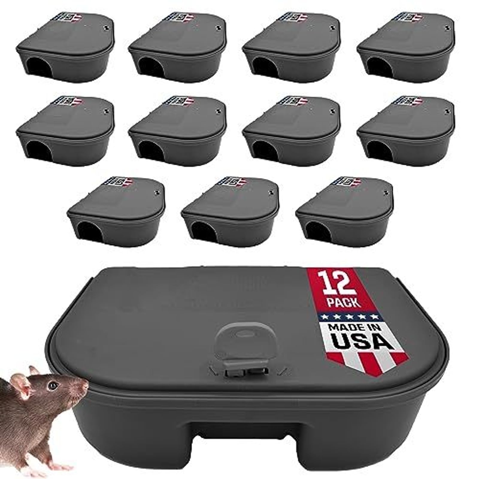 Exterminators Choice compact mouse bait station outdoor closeup with weather resistance.