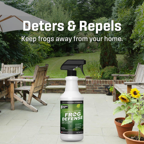 Exterminators Choice Frog Spray near garden plants highlighting lemongrass scent.