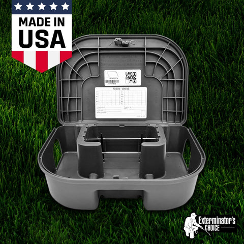 Indoor and outdoor deployment with Exterminators Choice bait station along walls and sheds.