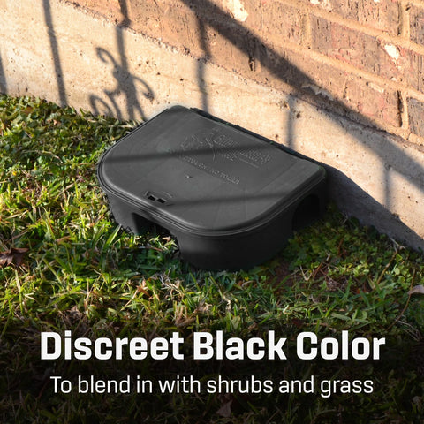 Matte black Exterminators Choice bait station shown from front for unobtrusive placement.