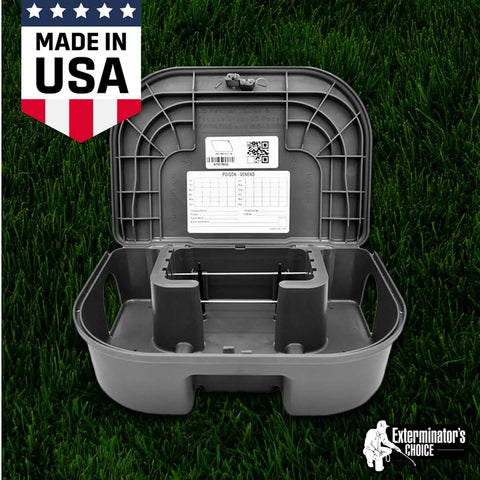Exterminators Choice mouse bait station installed in the yard area.