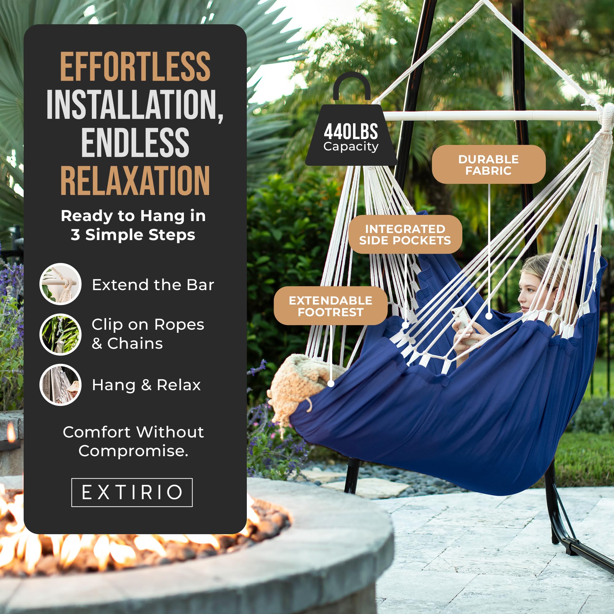 EXTIRIO Hammock Chair with hardware kit ready for quick setup