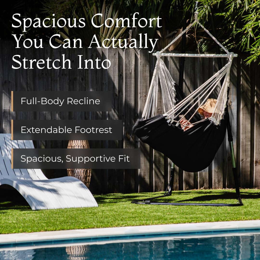 EXTIRIO hammock chair in an indoor reading nook for cozy downtime.