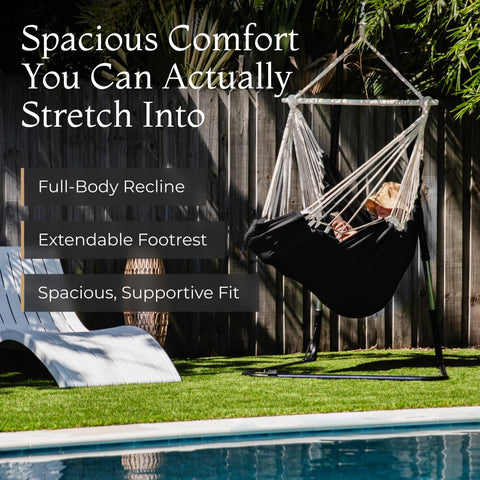EXTIRIO hammock chair in an indoor reading nook for cozy downtime.