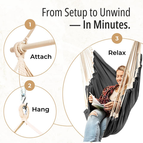 EXTIRIO Hanging Hammock Chair outdoors on a patio offering breezy comfort.
