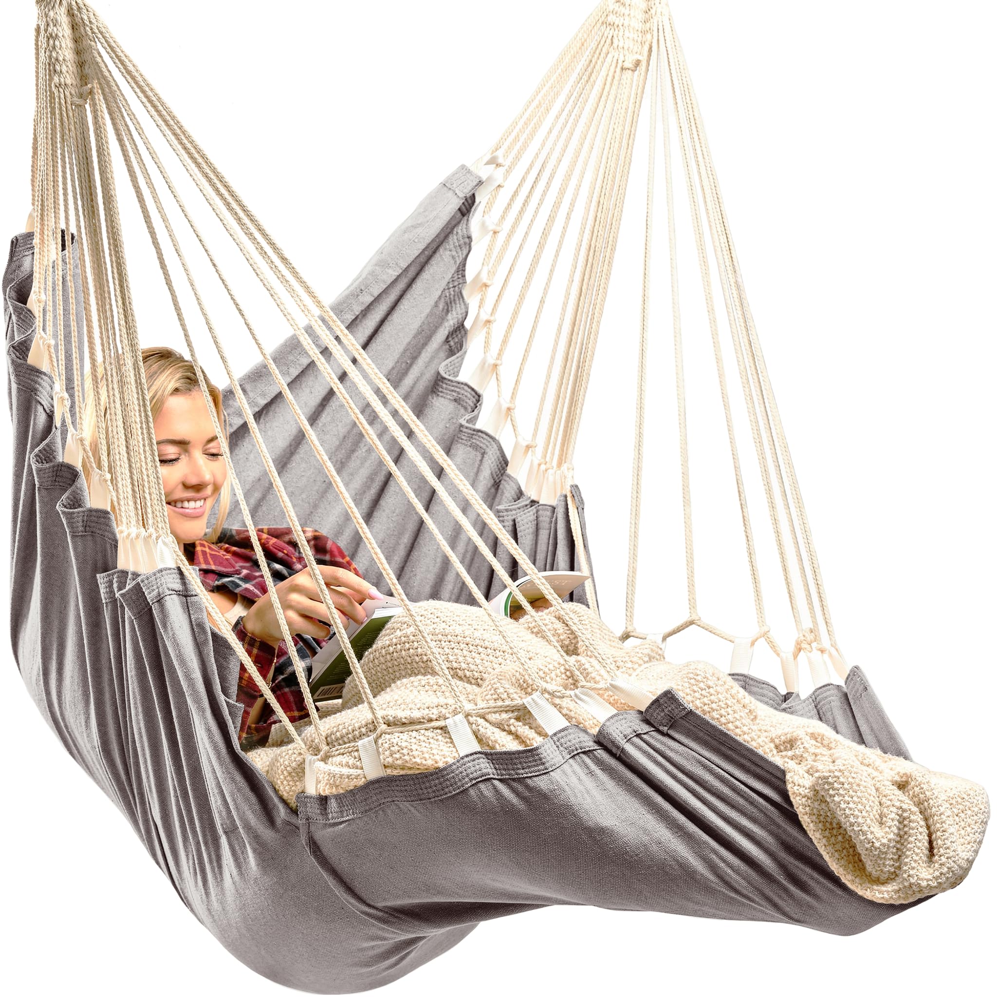 EXTIRIO Hanging Hammock Chair front view highlights spacious full-body support for indoor or outdoor lounging