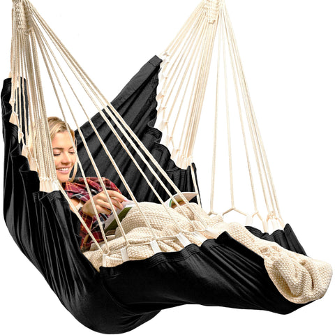 EXTIRIO Hanging Hammock Chair setup demonstrates quick installation for indoor and outdoor use.