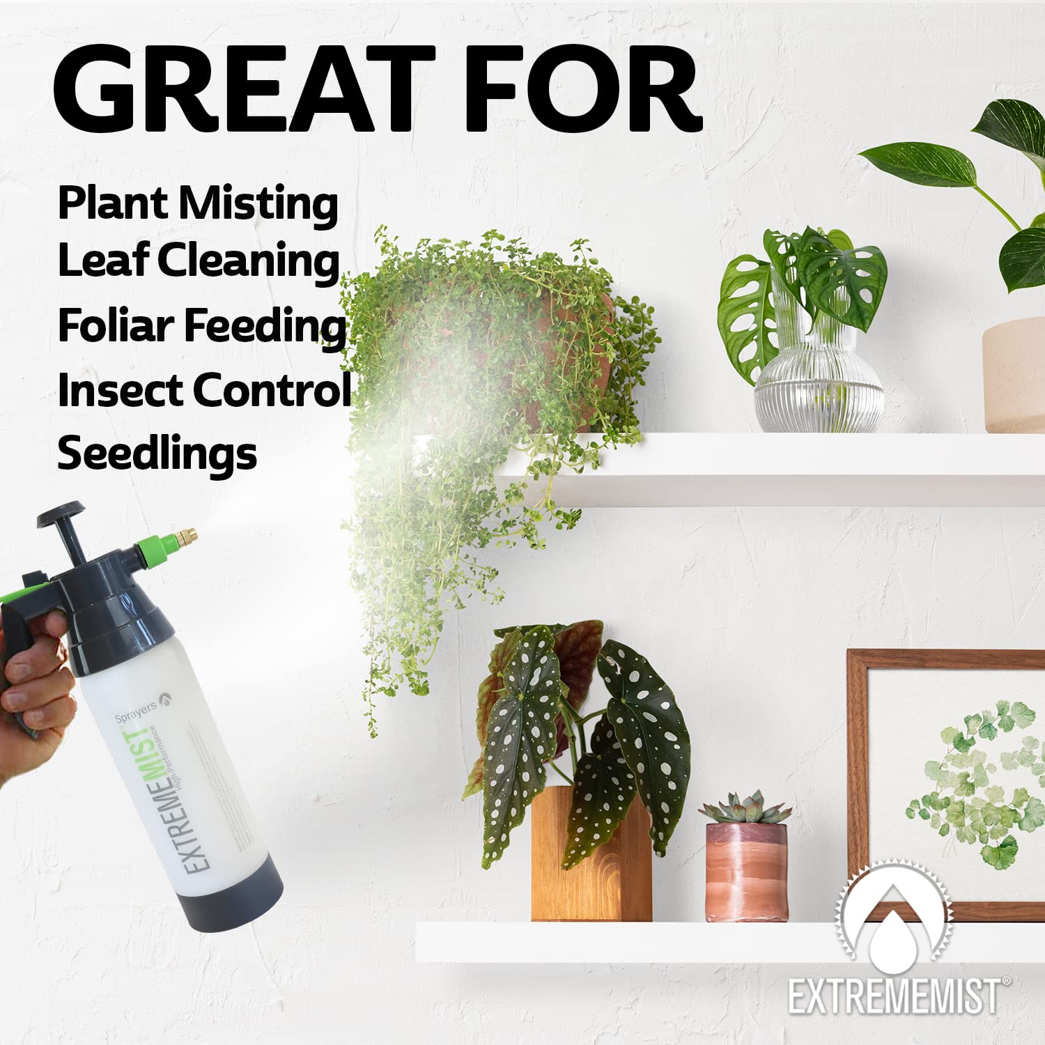 EXTREMEMIST adjustable brass nozzle enables ultra-fine mist or strong jet for versatile spraying.