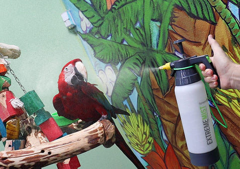 ExtremeMIST hand-held-mister in action supports quick bird bath sessions.