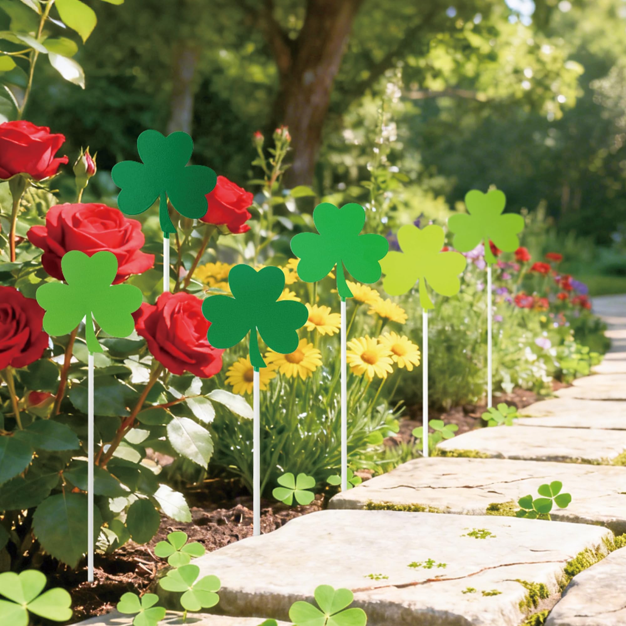 EYxsaxenk shamrock stake arranged around a window box for color.