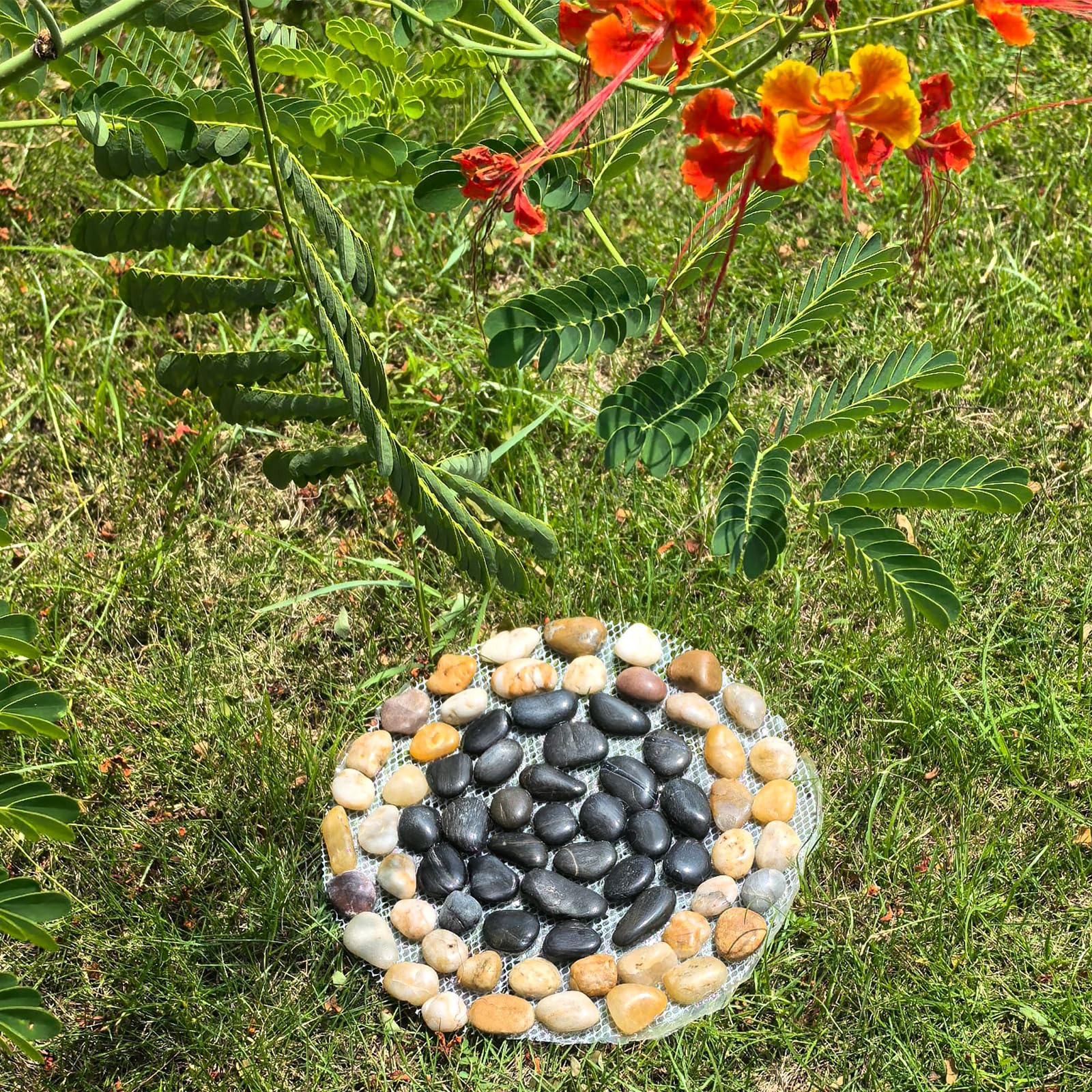 EYZH round stepping stones with natural river rocks add color and charm.