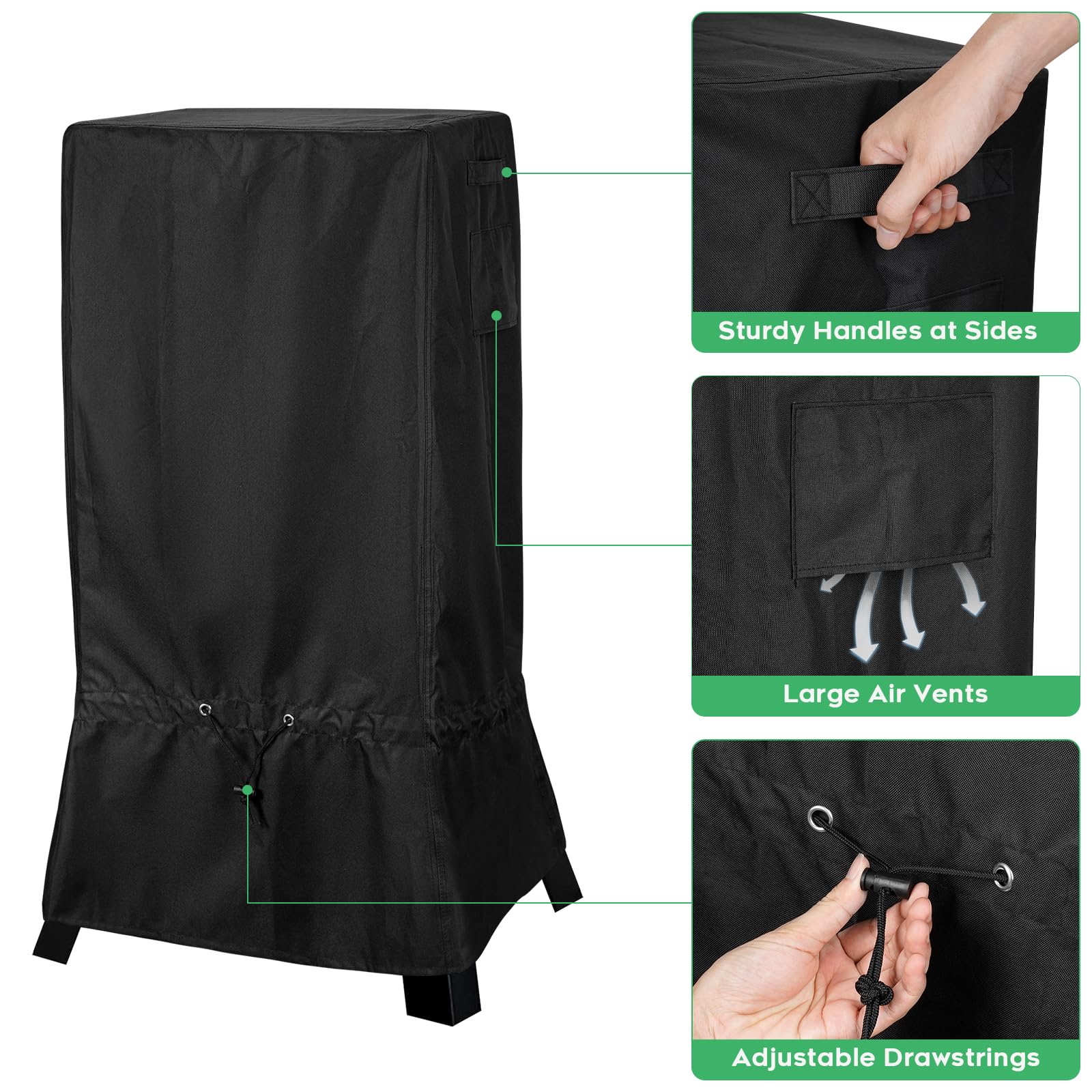 600D waterproof polyester fabric protecting a vertical smoker from rain and dirt.