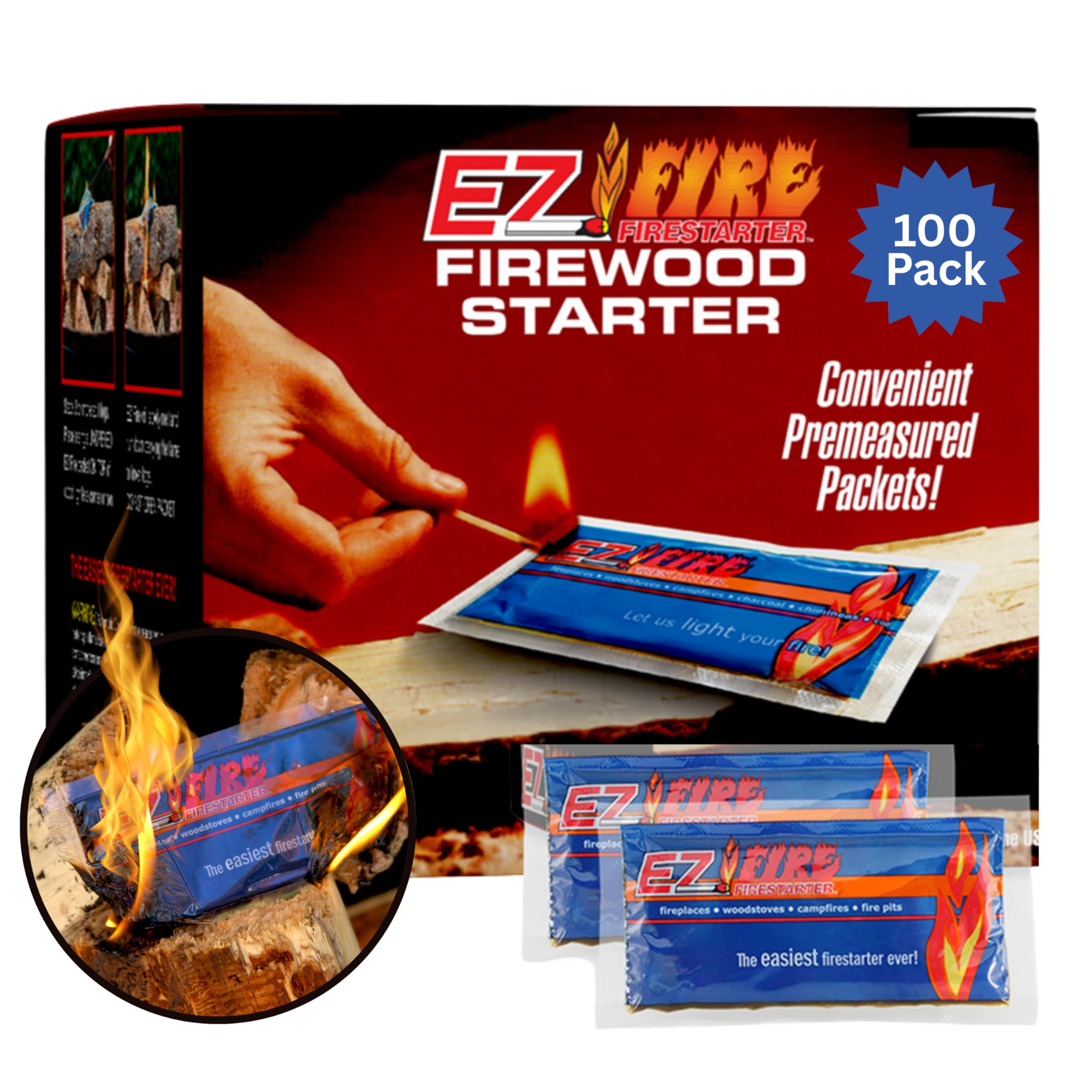EZ Fire Firestarter packets on logs for quick ignition.