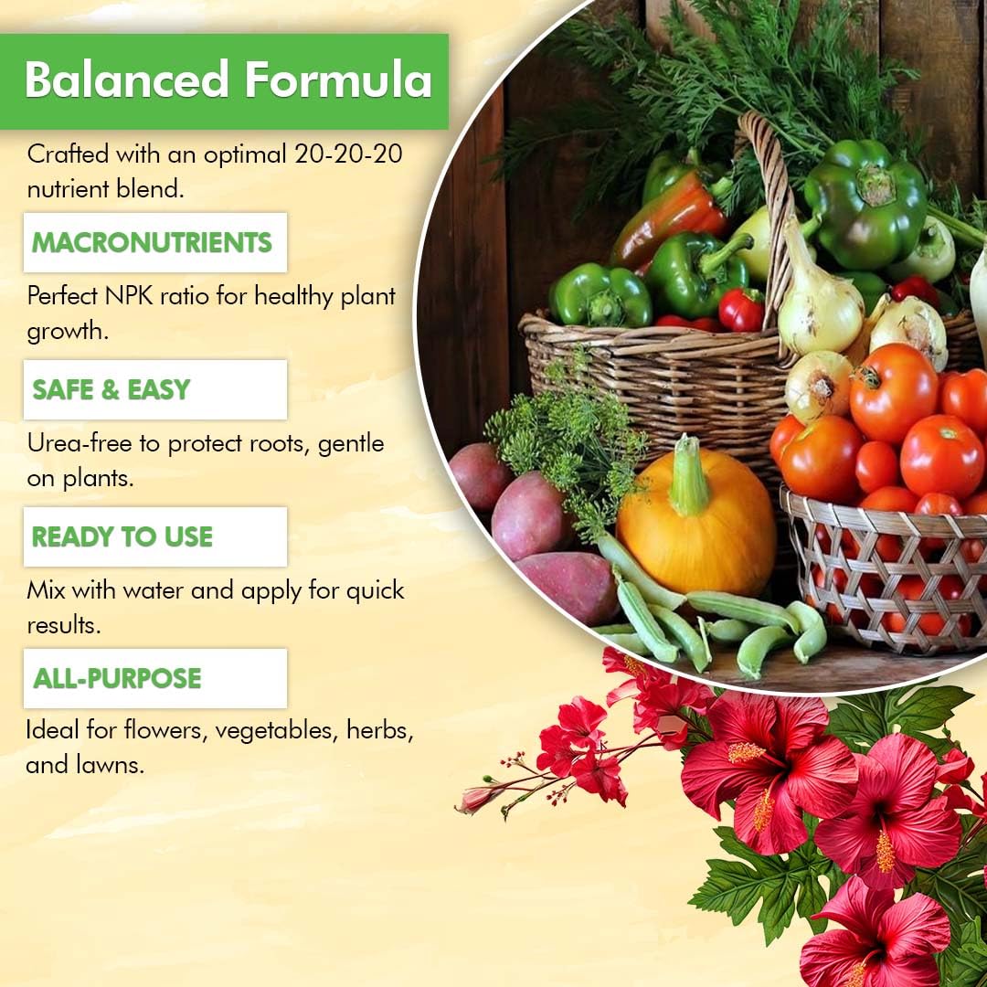 EZ-gro all-purpose fertilizer applied to flowers and vegetables for balanced nutrition.