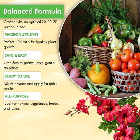 EZ-gro all-purpose fertilizer applied to flowers and vegetables for balanced nutrition.