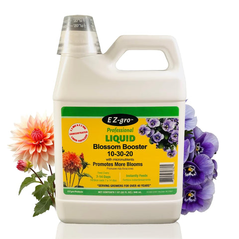 EZ-GRO Blossom Booster bottle being poured to promote vibrant indoor blooms.