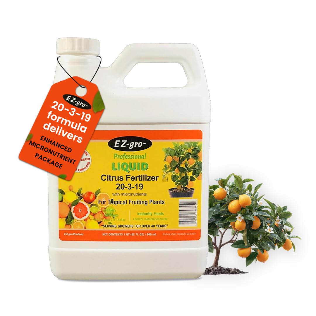 EZ-gro Citrus Tree Fertilizer bottle close-up for rapid root uptake.