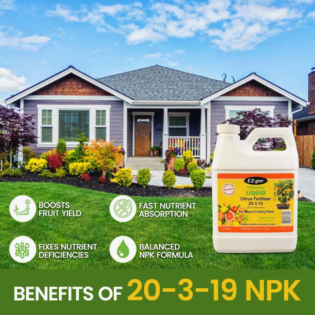 EZ-gro Citrus Tree Fertilizer label-details highlight 20-3-19 and micronutrients.