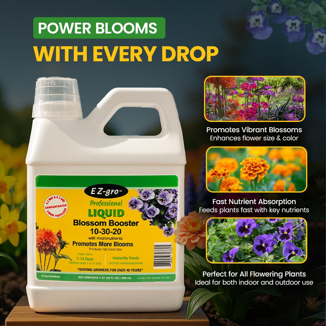 EZ-GRO micronutrient package highlighted on bottle supports large, healthy blossoms.