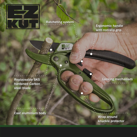 EZ Kut green pruning shears with non-slip handle for comfortable extended use