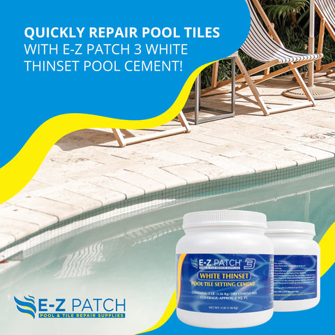 Applying E-Z Patch 3 thinset to a tile surface for pool installation.