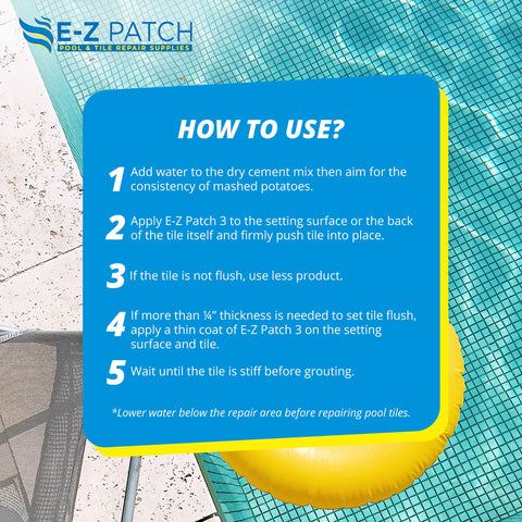 USA-made E-Z Patch 3 thinset cement supports lasting pool tile repairs.