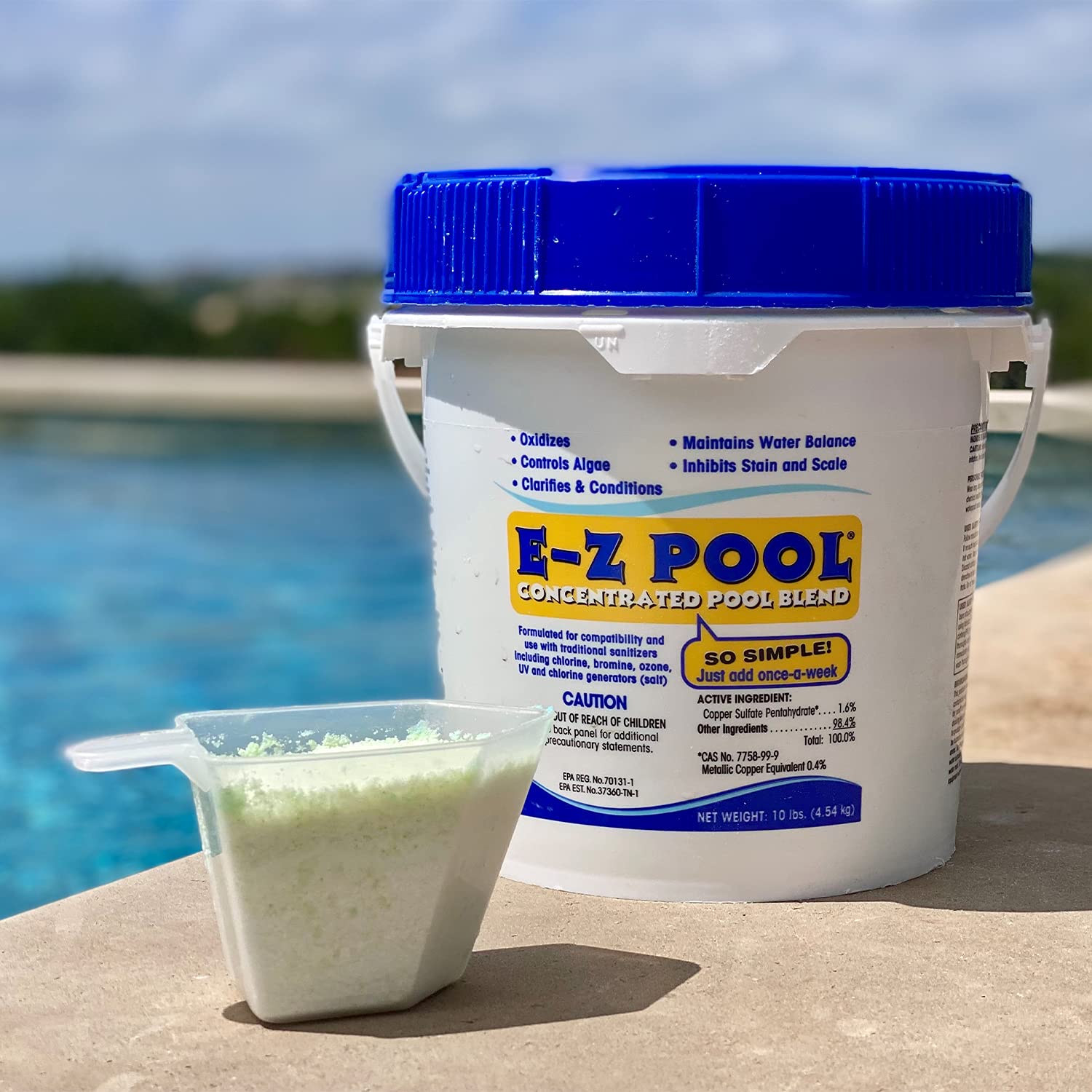 E-Z Pool All-in-One label highlights the formula and quick-use guidance for maintenance.