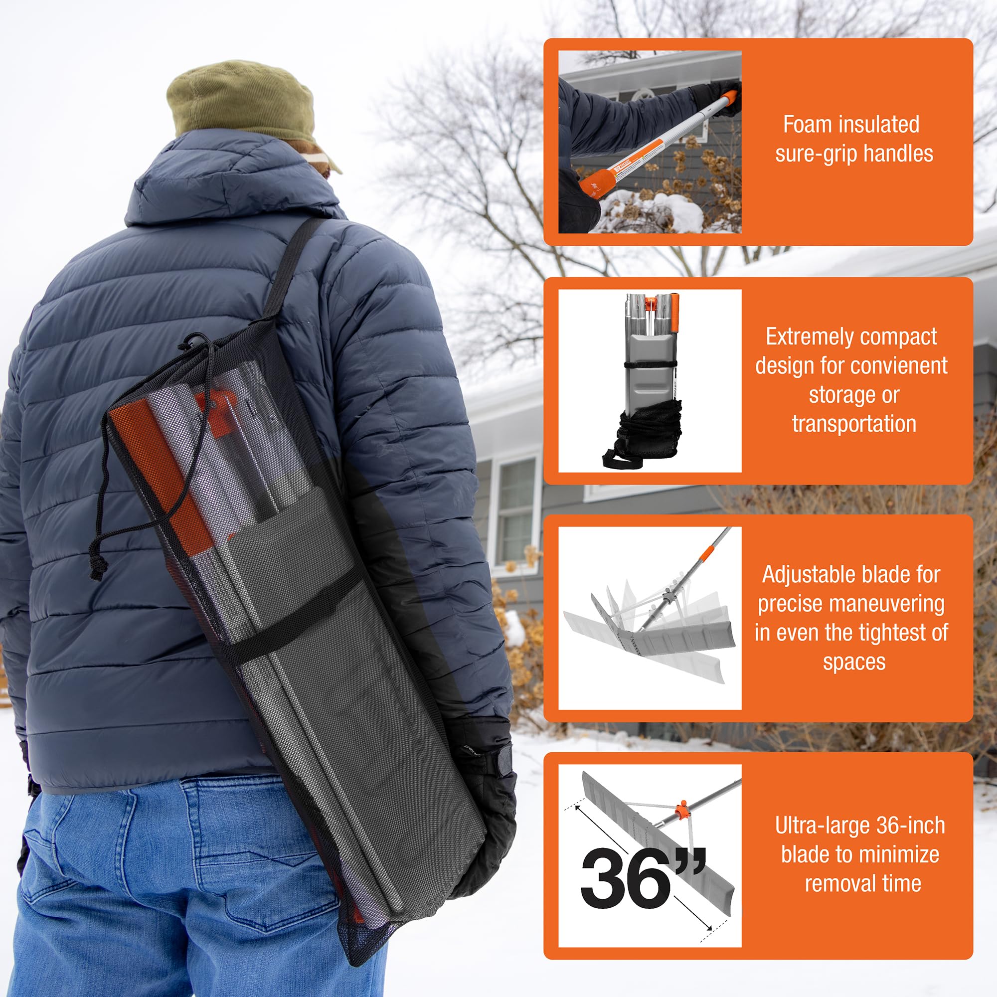 EZ SMART Snow Roof Rake 16-foot extension pole for extended reach